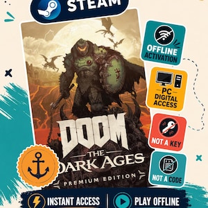 Puede incluir: Una portada de juego digital para DOOM The Dark Ages Premium Edition con un guerrero blindado con escudo y mangual de pie sobre una pila de calaveras. La imagen incluye la marca Steam, iconos para activación sin conexión, acceso digital a PC y etiquetas de texto que indican acceso instantáneo y juego sin conexión.