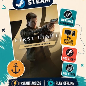 以下が含まれることがあります： ハンドガンを持つキャラクターが描かれた「007 First Light Deluxe Edition Upgrade」のデジタルゲームカバー。Steamのロゴ、オフラインアクティベーション、PCデジタルアクセス、インスタントアクセス、オフラインプレイのテキストラベルが含まれています。
