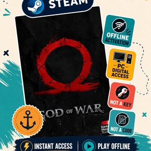 Pode incluir: Um produto de jogo digital para God of War com uma capa preta e um símbolo Omega vermelho. A imagem inclui a marca Steam, ícones para ativação offline, acesso digital para PC e etiquetas de texto indicando não é uma chave, não é um código, acesso instantâneo e jogar offline.