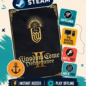 Può includere: Una copertina di gioco rettangolare nera per Kingdom Come Deliverance II con scritte dorate e uno stemma centrale. Presenta il marchio Steam, icone per l'attivazione offline, accesso digitale PC e testo per accesso istantaneo e gioco offline.