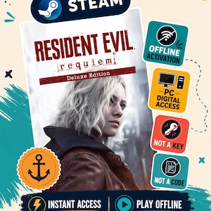 Puede incluir: Una tarjeta de producto de juego digital para Resident Evil Requiem Deluxe Edition con una persona de cabello rubio corto. Incluye la marca Steam, iconos de activación sin conexión, acceso digital para PC y texto de acceso instantáneo.