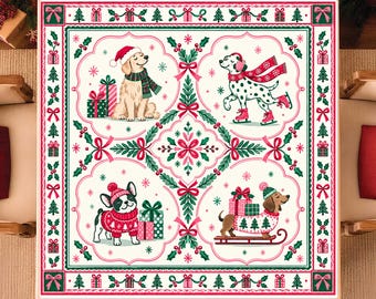 May include: A square tablecloth featuring a festive Christmas pattern with four distinct panels, each displaying a different dog breed wearing winter accessories and surrounded by wrapped gifts, framed by a border of pine trees and bows.