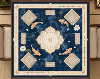 Op de afbeelding: Een vierkante mahjong-tafelmat met een diepblauwe gemarmerde achtergrond, vier oranje en witte koikarpers, witte lotusbloemen en een centraal crèmekleurig, versierd medaillon. De rand bevat tekstinstructies en spelregels.