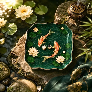 May include: A square, dark green decorative plate featuring a glossy finish with two koi fish swimming in a circular pattern, three white water lilies, and two small dice placed in the center. The plate has a gold-toned rim and a textured surface.