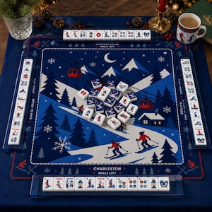 Winter Après Ski Mahjong Set | Alpine Ski Resort Mahjong Mat, 160pc Acrylic American Mahjong Tiles | Complete Winter Game Set
