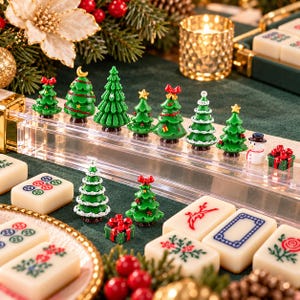 May include: A collection of miniature resin Christmas trees, a snowman, and gift boxes arranged on a clear acrylic stand, accompanied by several mahjong tiles featuring floral and geometric patterns on a dark green surface.