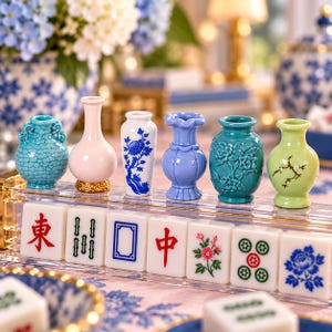 May include: A set of six miniature ceramic vases in various colors and shapes, including turquoise, pink, blue, and green, displayed on a clear acrylic stand behind seven white mahjong tiles featuring red, blue, green, and black symbols.