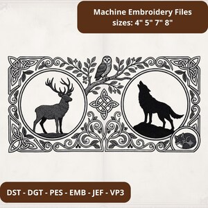 Può includere: File per ricamo a macchina con un design rettangolare che presenta un cervo e un lupo che ulula in cornici circolari, un gufo su un ramo e una volpe che dorme. Il testo recita Machine Embroidery Files sizes: 4" 5" 7" 8" e DST - DGT - PES - EMB - JEF - VP3.