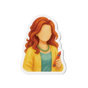May include: A sticker depicting a person with red wavy hair, wearing a yellow cardigan, teal top, and green necklace. The person is holding a red crayon. The illustration has no facial features.