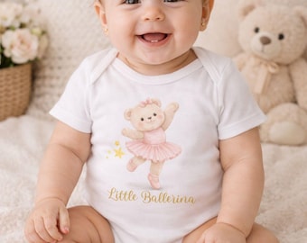 Little Ballerina Baby Bodysuit, Baby Girl Onesie, Cute Ballet Bear Outfit, Newborn Gift, Pink or White Baby Clothes, Cotton Bodysuit