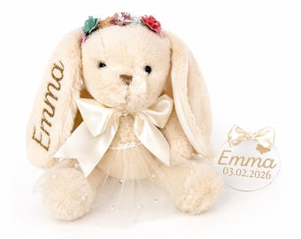 Personalized bunny plush with name and date baby girl gift custom stuffed animal newborn gift baby shower gift keepsake bunny nursery decor