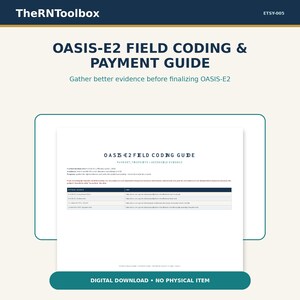Op de afbeelding: Een digitaal document getiteld OASIS-E2 FIELD CODING & PAYMENT GUIDE met de ondertitel Gather better evidence before finalizing OASIS-E2. De pagina bevat een tabel met kolommen voor bron en link, en een melding voor digitale download.