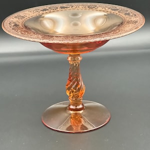 Vintage Amber Twisted Stem Compote – Etched Floral Glass Pedestal Dish