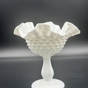 Vintage Fenton White Milk Glass Hobnail Compote • Ruffled Pedestal Candy Dish • Marked Fenton • 6"