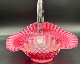 Fenton Cranberry Opalescent Hobnail Basket – Handled – 1940s–1950s – 9.5" Tall