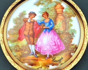 Estuche de porcelana vintage de Limoges • Escena de cortejo pintada a mano • Francia
