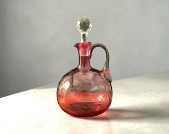 Vintage Cranberry Etched Glass Decanter with Clear Handle & Faceted Stopper