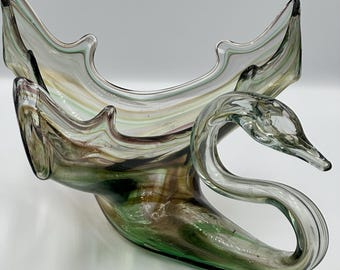 Large Murano Style Swan Sculpture – Green Amber Swirl Art Glass Centerpiece