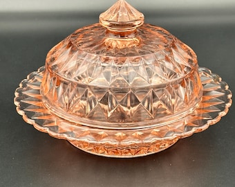 Mantequera con tapa Jeannette Glass Windsor Diamond Pink – Décadas de 1930-1940 – Cristalería de la época de la Gran Depresión