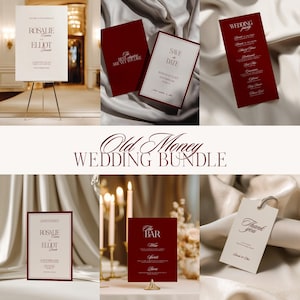 May include: A wedding stationery bundle featuring cream and deep red cards with elegant serif typography. Items include a welcome sign, save the date, wedding party list, invitation, bar menu, and thank you tag, all displaying the text Old Money Wedding Bundle.