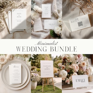 Könnte beinhalten: Eine Sammlung minimalistischer Hochzeitskarten, darunter Einladungskarten, Antwortkarten, Menükarten und ein Willkommensschild. Der Text enthält "Save the Date", "Details", "Reply", "Menu" und Namen. Blumenschmuck und neutrale Töne.