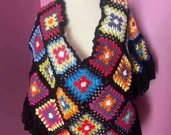 Handmade Granny Squares, Shawl, Bolero, Poncho Style, Granny Square Poncho, Black, Multi-color