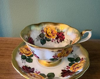 Pristine Royal Albert Treasure Chest Teacup and Saucer, Rare Avon Shape, Heavy Gold Brushed Trim, Roses, Flawless English Bone China
