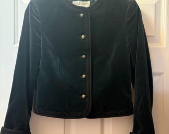 Chaqueta corta de terciopelo verde bosque Jaeger – Botones dorados, ribete trenzado, blazer de estilo victoriano