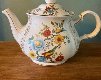 ヴィンテージ サドラー イングランド ティーポット - バードオブパラダイス柄 3690 - 1940年代 花柄と金彩の透かし細工