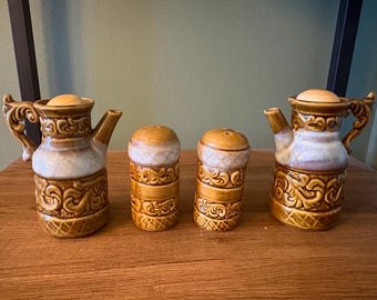 1970 Vintage 4-Piece MCM Ceramic Condiment - Oil, Vinegar Cruets with Salt & Pepper Shakers