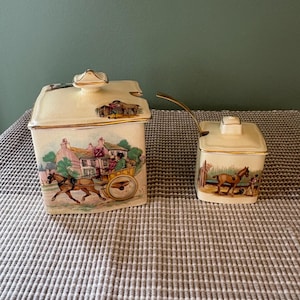Royal Winton Coaching Days Biscuit Jar Mustard Pot – Hand-Gilded English Pottery Set - Wartime “A” Mark