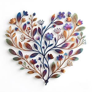 May include: A heart-shaped metal wall art piece featuring a floral design. The artwork showcases a variety of flowers and leaves in shades of blue, purple, orange, and green. The metal has a textured appearance, and the piece is set against a white background.