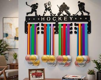 Hockey Medal Hanger, Black Metal Sports Medal Display Rack With Player And Goalie Silhouettes For Athlete Room