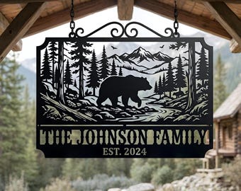 Personalized Bear Family Metal Sign, Custom Cabin Wall Art, Rustic Mountain Forest Hanging