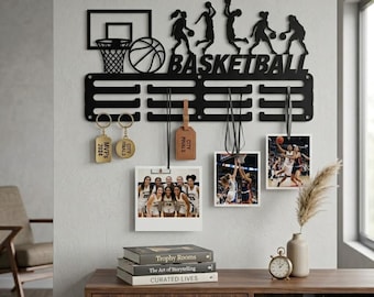 Basketball Medal Display, Metal Wall Rack With Hoop And Player Silhouette, Sports Room Decor Gift