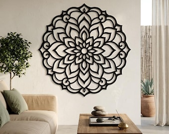 Boho Mandala Wall Art, Black Metal Lotus Flower Sign, Modern Zen Decor For Entryway, Living Room Or Studio