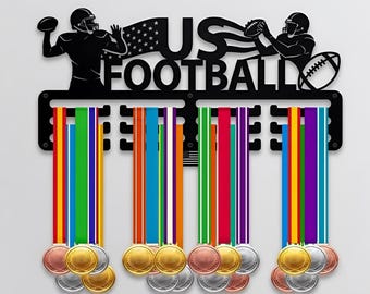 American Football Medal Holder, Metal Award Display Rack With Player Silhouettes For Athlete Room Decor