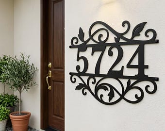 Metal House Number Plaque, Custom Address Sign, Black Ornate Front Door Decor, Housewarming Gift