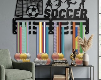 Soccer Wall Medal Display, Metal Sports Hanger With Goal And Player Design For Bedroom Or Trophy Room