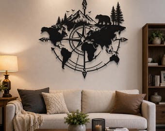 Compass World Map Metal Art, Adventure Wall Decor With Mountains And Forest, Gift For Traveler Or Outdoor Lover