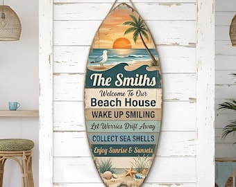 Personalized Beach House Sign, Custom Surfboard Wall Decor With Family Name, Sunset, Palm Tree And Seashells