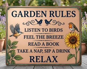 Rustic Garden Rules Sign, Bird And Sunflower Metal Wall Art, Backyard Decor Gift For Gardener