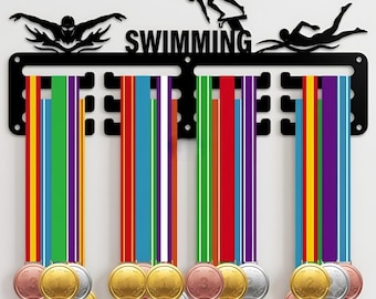 Swimming Medal Hanger, Black Metal Sports Medal Display Rack With Swimmer Silhouettes For Athlete Room