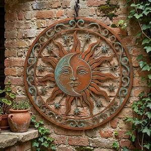 May include: A circular metal wall art piece featuring a central sun and moon face with a copper and verdigris finish. The design includes radiating sun rays, small stars, and a decorative outer border with swirling patterns, all enclosed in a ring.