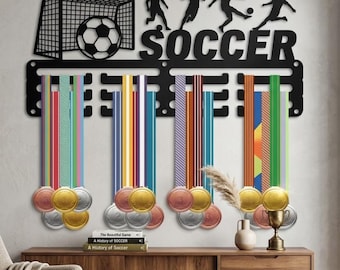 Soccer Medal Holder, Metal Award Display Rack With Player Silhouettes, Ball And Goal Wall Decor Gift
