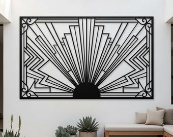 Large Black Metal Wall Decor, Art Deco Geometric Panel, Contemporary Living Room Wall