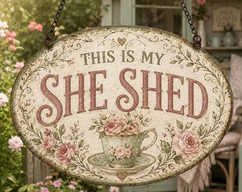 Vintage She Shed Sign, Oval Metal Hanging Plaque, Floral Rose Garden Decor For Porch Or Cottage Room