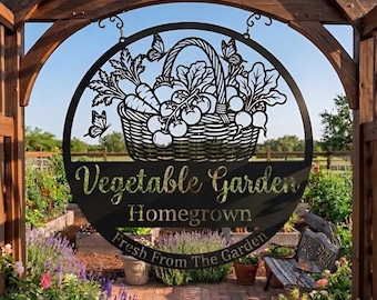 Vegetable Garden Metal Sign, Round Hanging Garden Decor With Veggie Basket, Homegrown Fresh From The Garden Wall Art