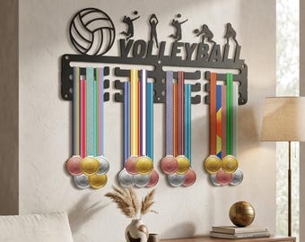 Volleyball Wall Medal Display, Metal Sports Hanger With Ball And Player Design For Bedroom Or Trophy Room
