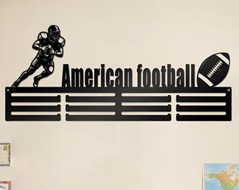 Football Medal Holder, Metal Wall Display Rack With Player And Ball, Sports Room Decor For Athlete Gift